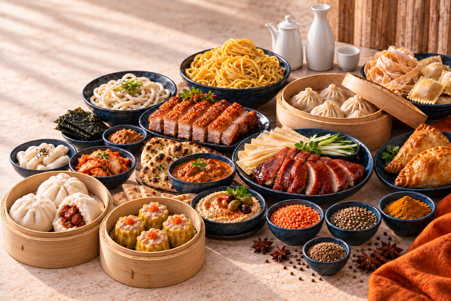 A generous spread of international foods — steamed dumplings and buns, noodles, roasted pork belly and duck, flatbreads, dips, lentils and spices arranged across a table